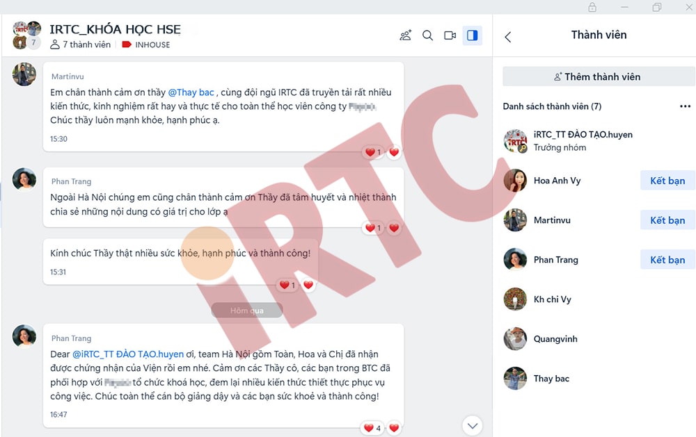 feedback của học viên về khóa học HSE do IRTC tổ chức